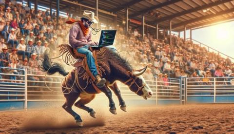 A cowboy types on a laptop while riding a bucking bronco in a rodeo